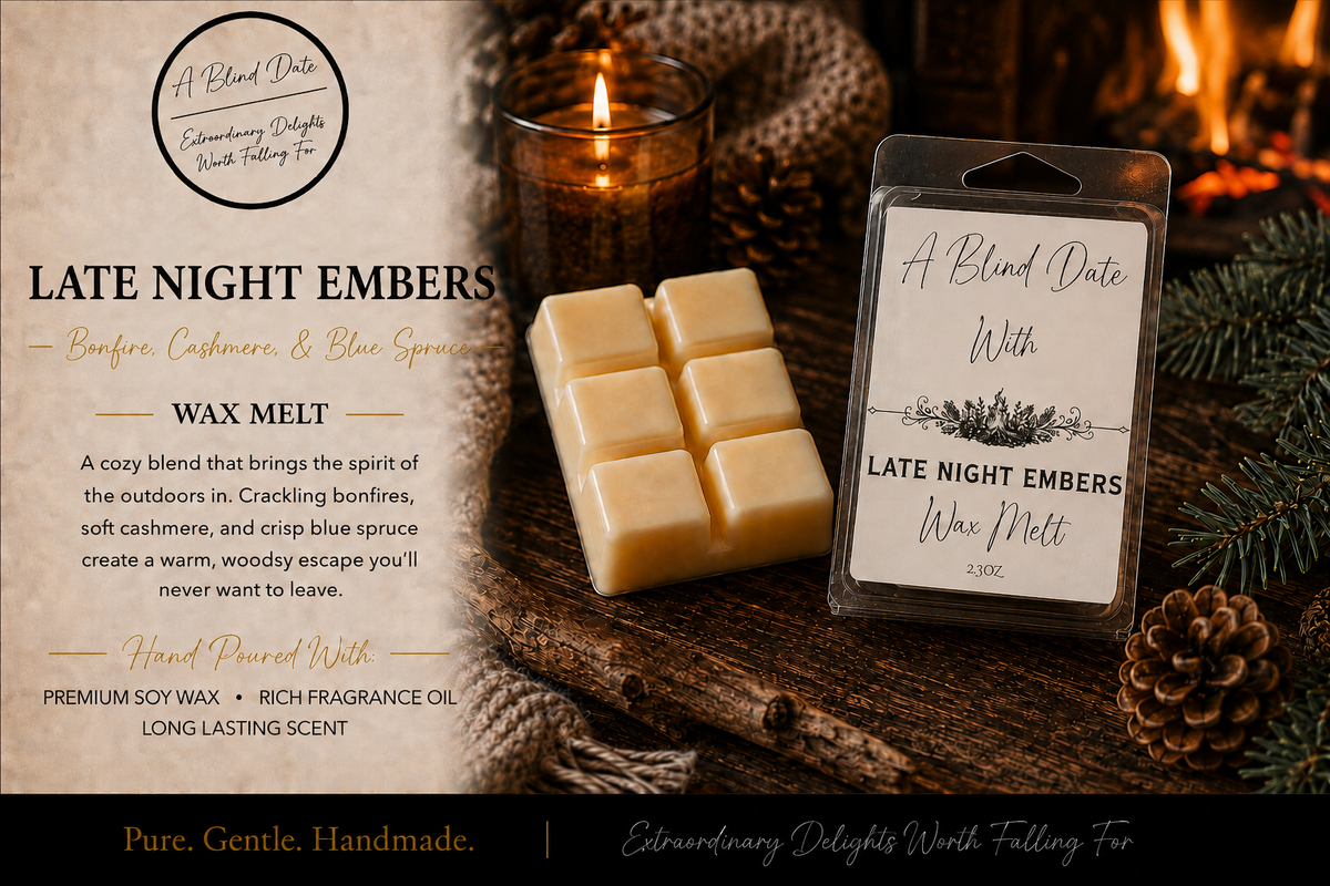 “Late Night Embers handmade soy wax melt with bonfire, cashmere and blue spruce fragrance by A Blind Date Products.”
