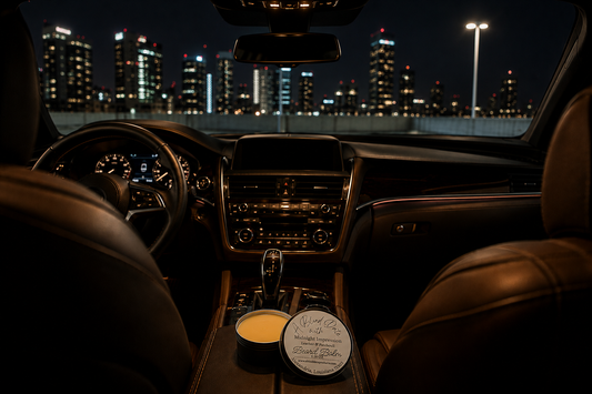 Midnight Impression Leather & Patchouli Beard Balm displayed on the center console of a luxury leather interior at night, overlooking a glowing city skyline. Handmade beard balm by A Blind Date with a smooth, full balm surface in an elegant automotive setting.