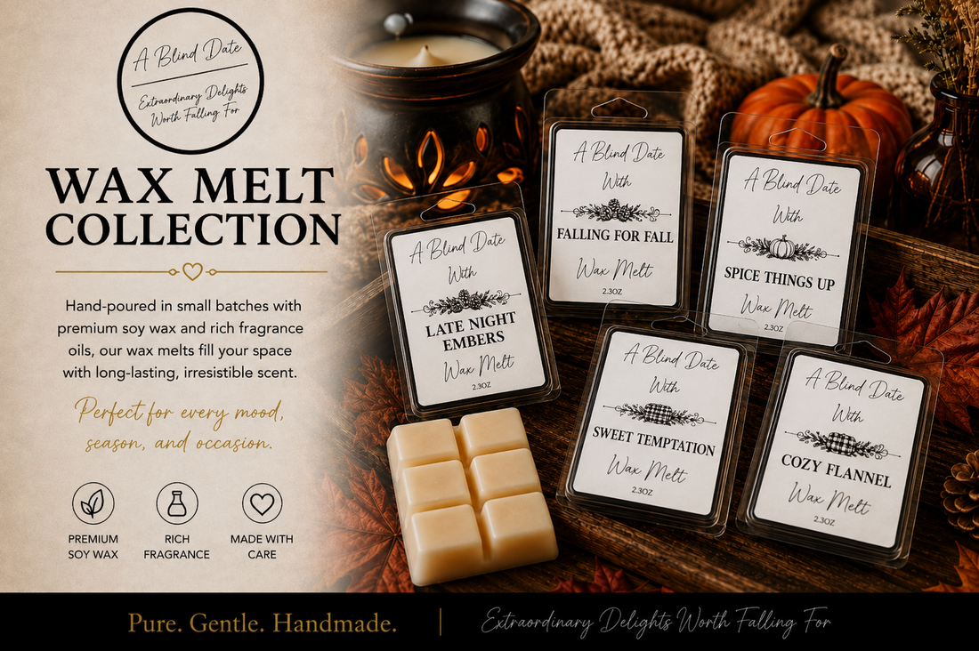 Blind Date Products handmade soy wax melt collection featuring Late Night Embers, Falling for Fall, Spice Things Up, Sweet Temptation, and Cozy Flannel in a warm autumn setting with pumpkin, fall leaves, and wax warmer