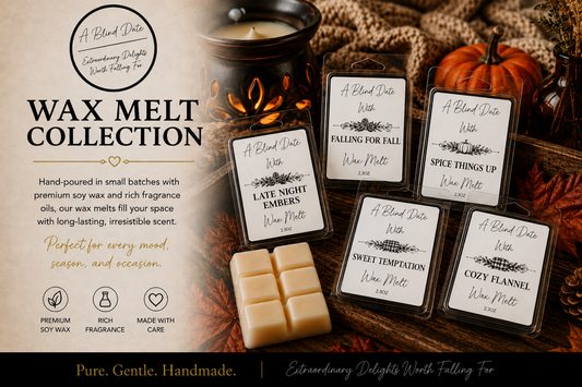 Blind Date Products handmade soy wax melt collection featuring Late Night Embers, Falling for Fall, Spice Things Up, Sweet Temptation, and Cozy Flannel in a warm autumn setting with pumpkin, fall leaves, and wax warmer