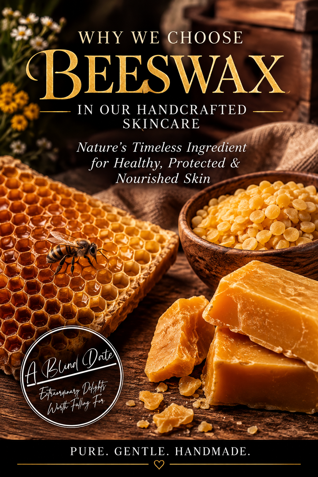 Rustic beeswax and honeycomb display with natural beeswax bars and a honeybee, illustrating why beeswax is a key ingredient in A Blind Date Products' handcrafted skincare.