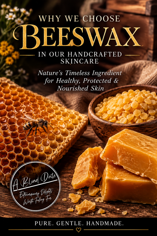 Rustic beeswax and honeycomb display with natural beeswax bars and a honeybee, illustrating why beeswax is a key ingredient in A Blind Date Products' handcrafted skincare.