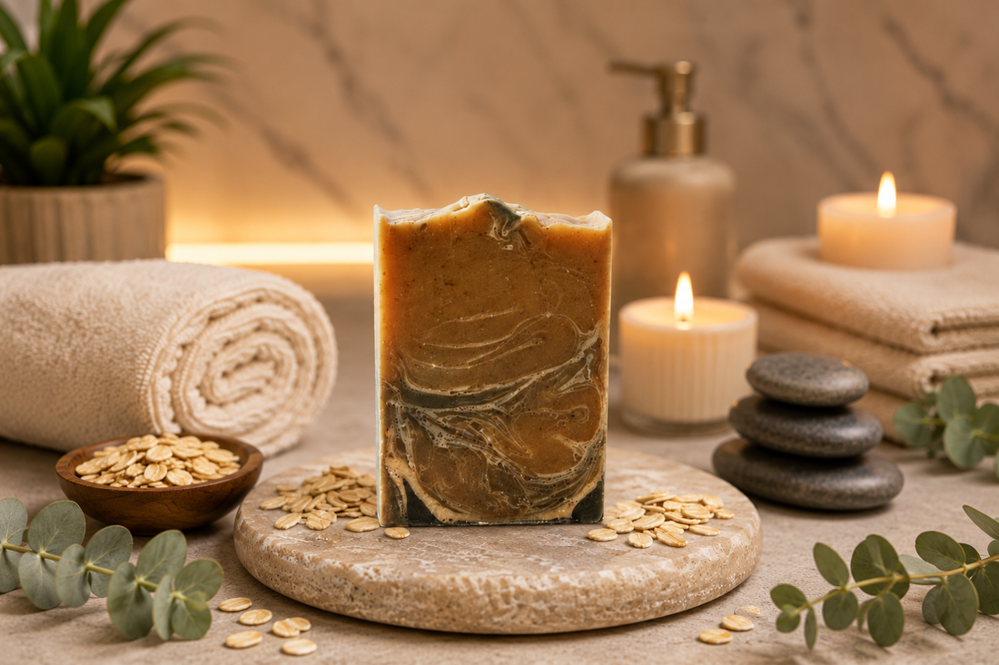 Handcrafted goat milk and oatmeal soap in a serene spa setting surrounded by candles, rolled towels, smooth stones, eucalyptus, and oat flakes, representing the luxury of small-batch natural skincare.