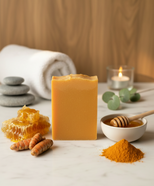 Handmade turmeric and manuka honey soap displayed in a relaxing spa setting with honeycomb, turmeric, and honey, handcrafted by A Blind Date Products.