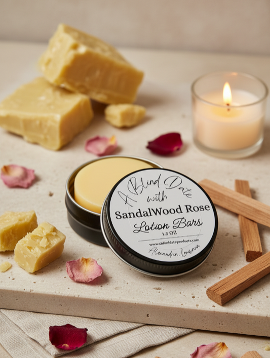 Handmade Sandalwood Rose solid lotion bar made with natural ingredients in a reusable tin by A Blind Date Products, shown with natural soap, rose petals, and a candle.
