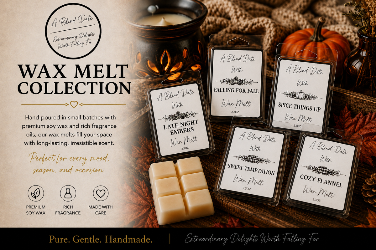 Blind Date Products handmade soy wax melt collection featuring Late Night Embers, Falling for Fall, Spice Things Up, Sweet Temptation, and Cozy Flannel in a warm autumn setting with pumpkin, fall leaves, and wax warmer