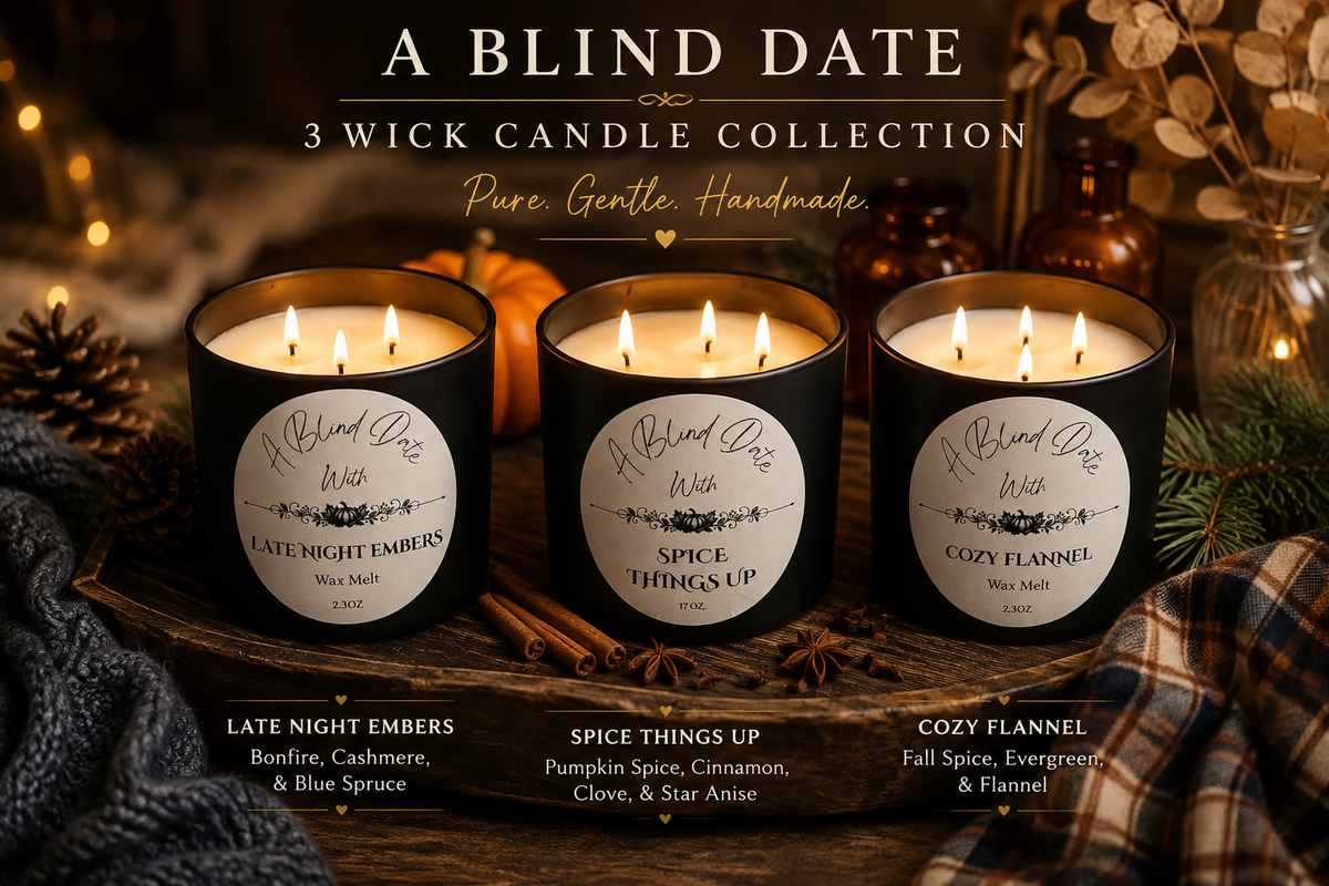 A Blind Date 3-wick candle collection featuring Late Night Embers, Spice Things Up, and Cozy Flannel candles in a warm luxury fall setting with pumpkins, cinnamon, pinecones, evergreen, and cozy flannel.