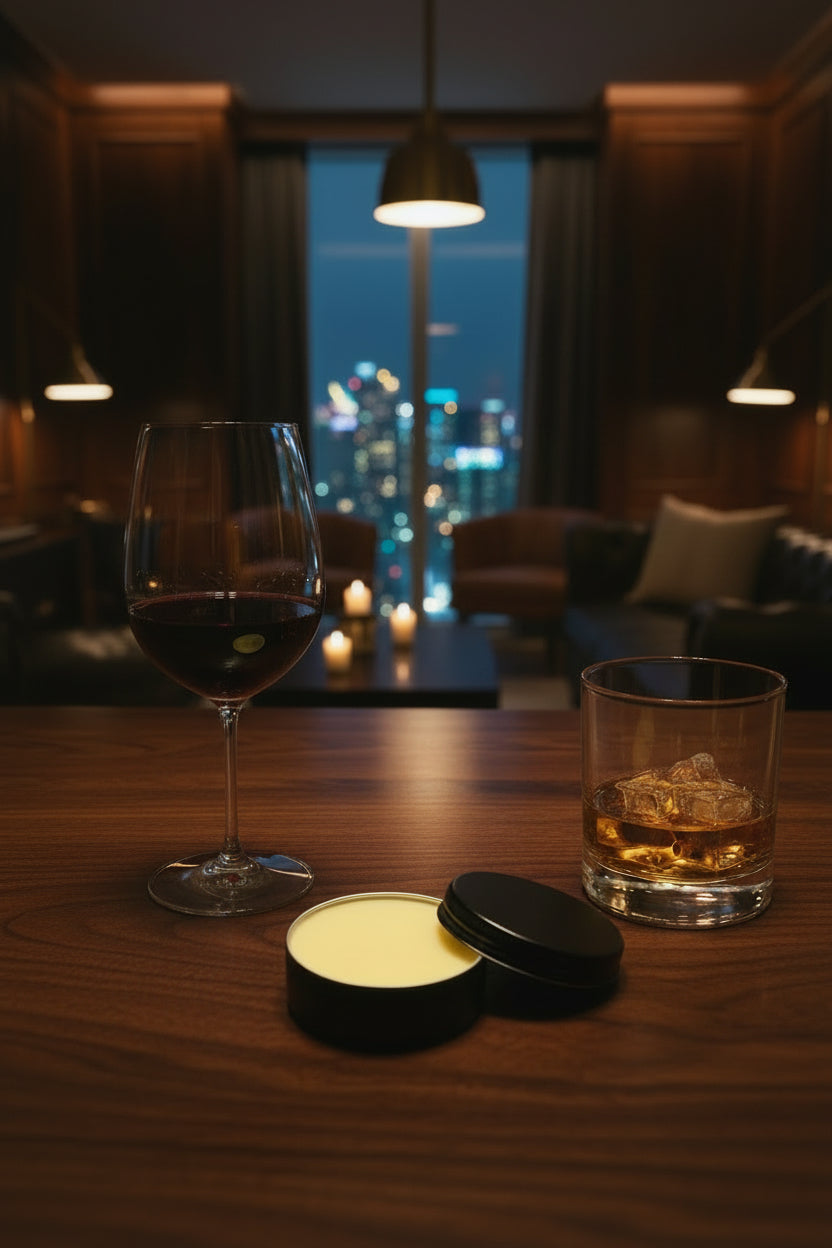 Steaming cup of coffee, glass with ice, and candle on a wooden table in a dimly lit bar.