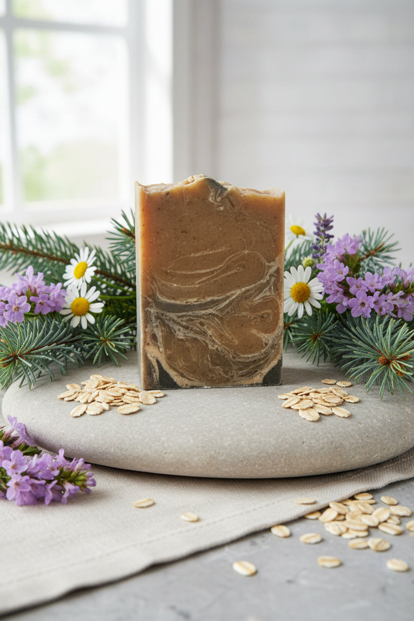 Bar of soap with hints of spruce, wildflowers, and oatmeal