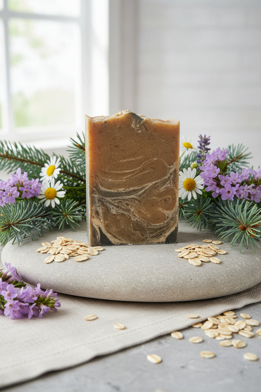 Bar of soap with hints of spruce, wildflowers, and oatmeal