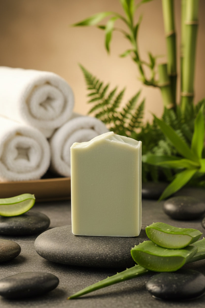 Bar of soap on a wooden surface with a blurred background