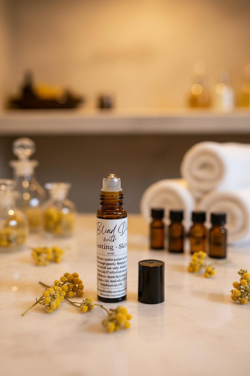 Everlasting Skin Oil by A Blind Date featuring helichrysum essential oil, jojoba oil, rosehip oil, and avocado oil in a handcrafted roller bottle surrounded by natural botanical ingredients.
