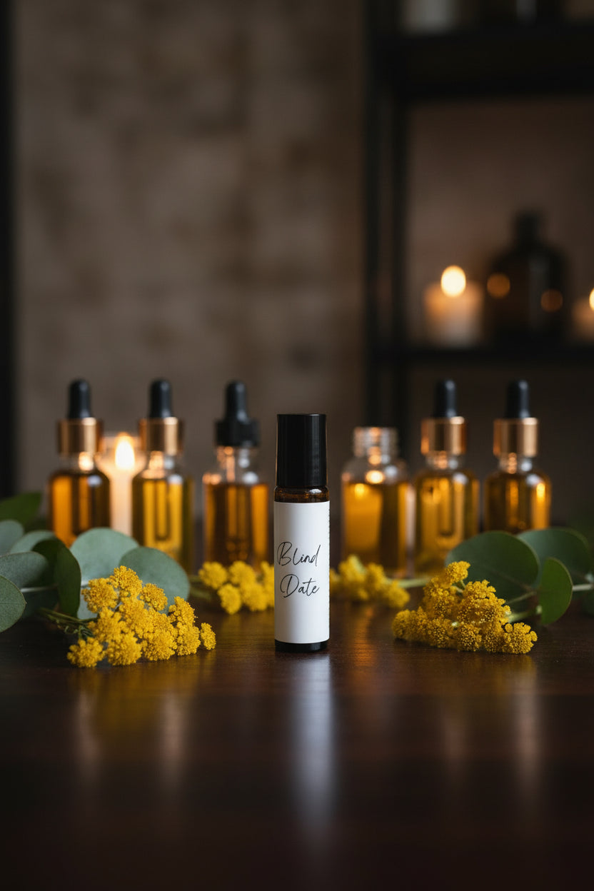 Everlasting Skin Oil by A Blind Date featuring helichrysum essential oil, jojoba oil, rosehip oil, and avocado oil in a handcrafted roller bottle surrounded by natural botanical ingredients.