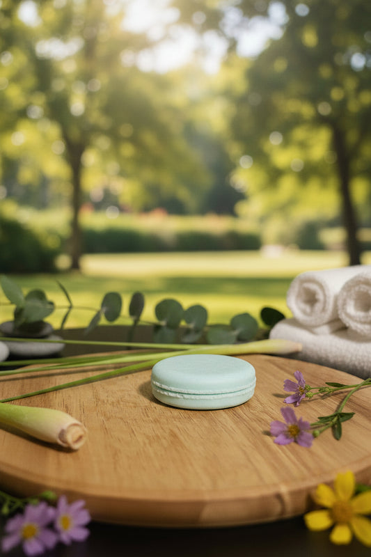 Handcrafted shower steamer with menthol crystals and scented with wildflowers and fresh air fragrances for a cooling and refreshing shower aromatherapy experience.