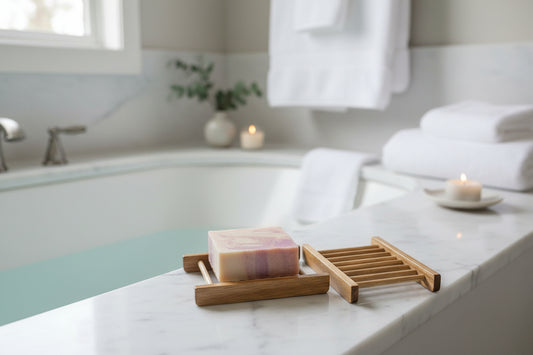 Wooden bamboo soap holder with drainage slots for storing bar soap and reducing moisture buildup.