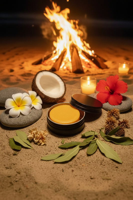 Artisan solid lotion bar with shea butter, jojoba oil, beeswax, and vitamin E oil for nourishing dry hands and body. Scented with ocean breeze, coconut, and patchouli fragrances.