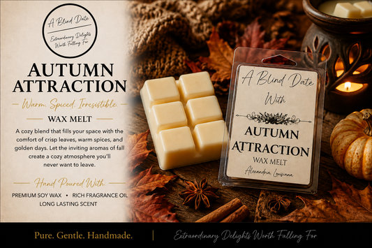 Autumn Attraction handmade wax melts by A Blind Date displayed in a cozy fall setting with autumn leaves, warm spices, pumpkin, and a glowing wax warmer.”