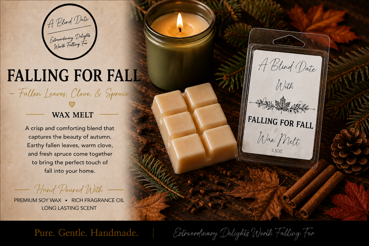 Falling for Fall handmade soy wax melt with fallen leaves, clove and spruce, surrounded by autumn leaves, evergreen and warm fall accents
