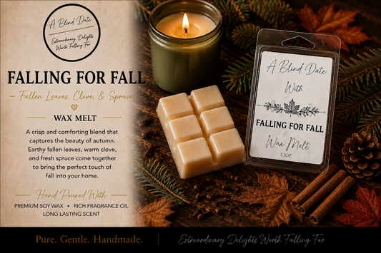 Falling for Fall handmade soy wax melt with fallen leaves, clove and spruce, surrounded by autumn leaves, evergreen and warm fall accents