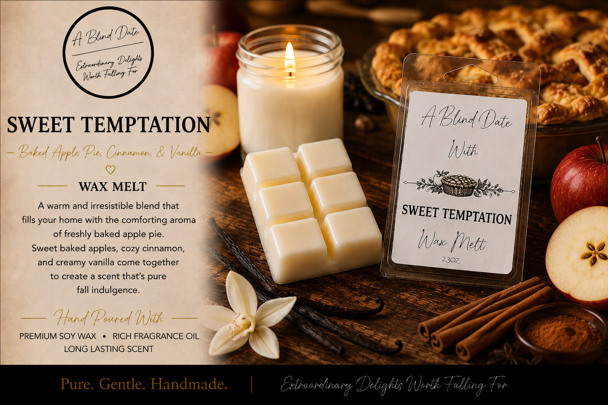 Sweet Temptation handmade soy wax melt scented with baked apple pie, cinnamon and vanilla in a warm autumn setting.