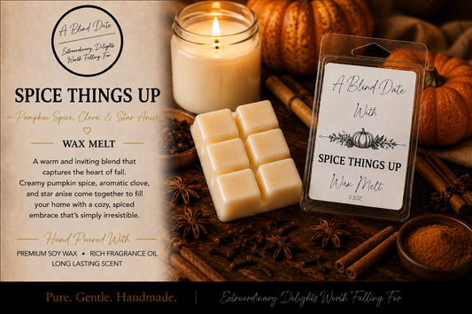 Spice Things Up handmade soy wax melt by A Blind Date Products, scented with pumpkin spice, clove, and star anise, displayed with pumpkins, cinnamon sticks, fall spices, and a glowing candle