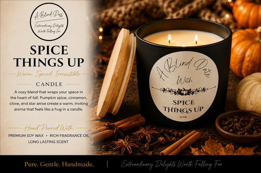 A Blind Date Spice Things Up 17 oz candle with pumpkin spice, cinnamon, clove, and star anise, surrounded by warm autumn décor and fall spices.
