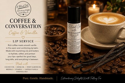 A bottle of Blend Date 'Coffee & Conversation' lip balm stands on a wooden surface beside a cup of latte, coffee beans, and vanilla beans. The left side includes a large text panel describing the product as coffee and vanilla lip service.