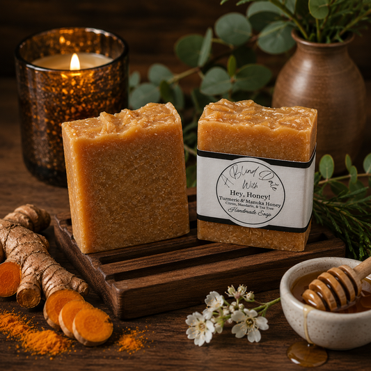 Two handmade honey bars displayed on a wooden board, one unwrapped to show the textured honey bar and one wrapped in a white paper label reading 'Hey, Honey!'. The scene is styled with raw turmeric root, sliced turmeric, a small bowl of honey with a wooden dipper, white flowers, and a lit amber candle.