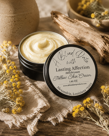 An open black tin of pillow skin cream and its round black-and-white label are styled on a rustic wooden surface with burlap, dried yellow flowers, and natural wood props. The label reads 'A Blind Date with Lasting Affection Helichrysum Pillow Skin Cream' and shows the brand Allindie Products.