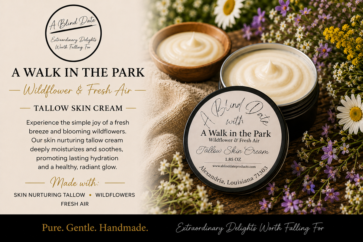 Handcrafted A Walk in the Park tallow skin cream by A Blind Date featuring wildflower and fresh air scents. An open tin of rich moisturizing cream is surrounded by blooming wildflowers and natural botanical elements, highlighting a nourishing tallow-based moisturizer designed to soothe dry skin and provide lasting hydration.