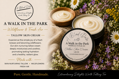 Handcrafted A Walk in the Park tallow skin cream by A Blind Date featuring wildflower and fresh air scents. An open tin of rich moisturizing cream is surrounded by blooming wildflowers and natural botanical elements, highlighting a nourishing tallow-based moisturizer designed to soothe dry skin and provide lasting hydration.