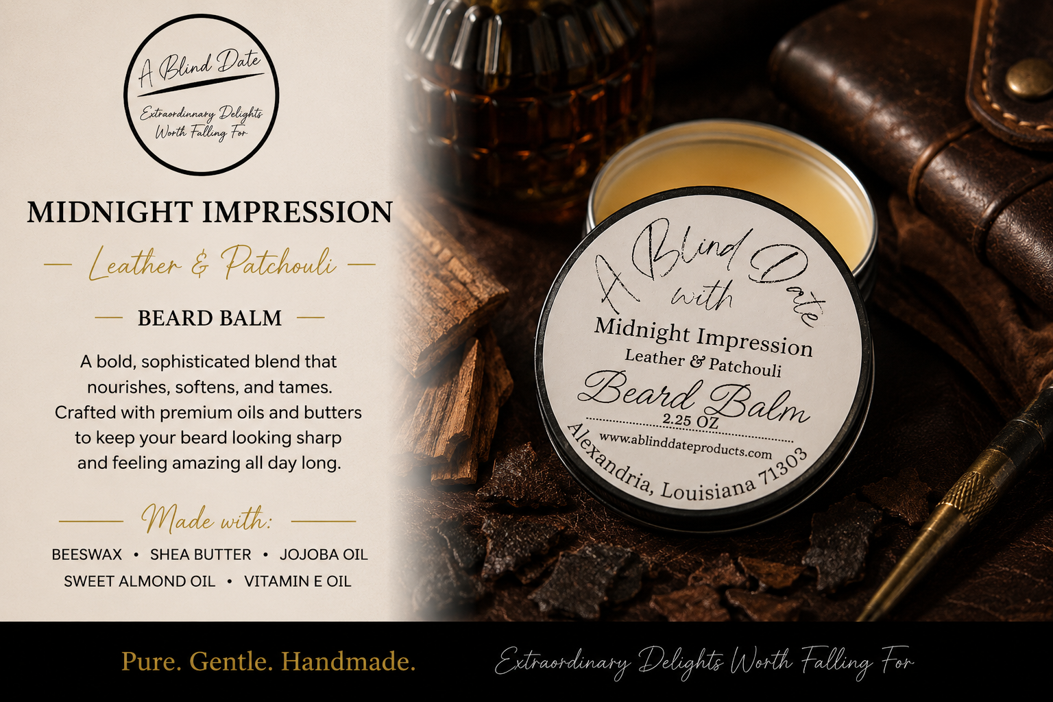 Luxury Midnight Impression handcrafted beard balm by A Blind Date featuring leather and patchouli scent. An open tin of nourishing beard balm rests among rich leather, wood, and amber accents, highlighting a premium beard conditioner made with beeswax, shea butter, jojoba oil, sweet almond oil, and vitamin E to soften, tame, and condition beards.