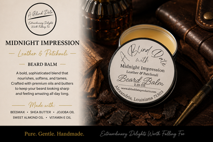 Luxury Midnight Impression handcrafted beard balm by A Blind Date featuring leather and patchouli scent. An open tin of nourishing beard balm rests among rich leather, wood, and amber accents, highlighting a premium beard conditioner made with beeswax, shea butter, jojoba oil, sweet almond oil, and vitamin E to soften, tame, and condition beards.