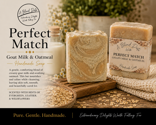 A Blind Date Perfect Match handmade goat milk and oatmeal soap displayed with creamy goat milk, rolled oats, and natural décor in a warm rustic setting.
