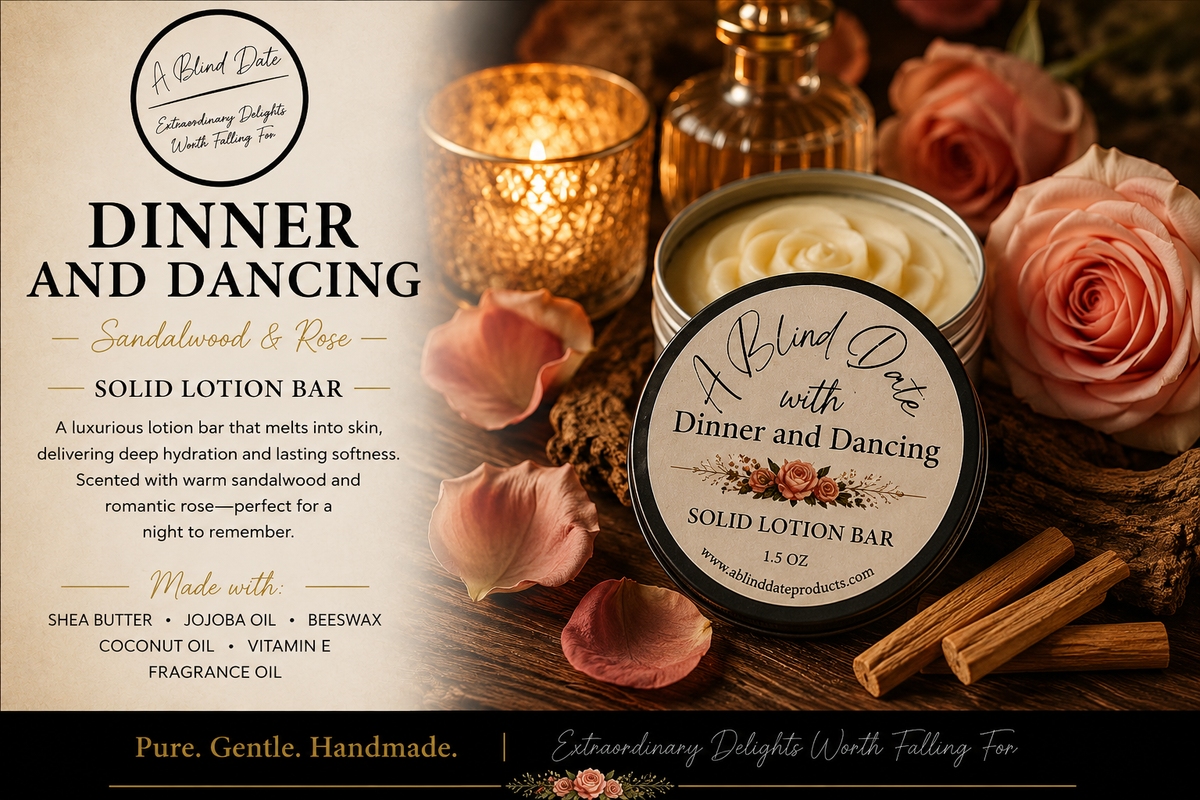Dinner and Dancing solid lotion bar by A Blind Date in a luxury romantic setting with pink roses, sandalwood, and warm candlelight. Handmade lotion bar scented with sandalwood and rose.”