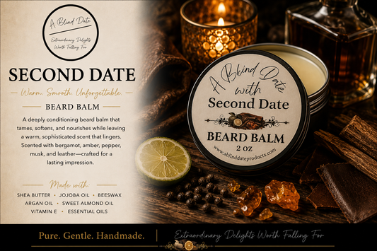 Second Date beard balm by A Blind Date in a masculine luxury setting with bergamot, amber, black pepper, musk, and leather accents. Handcrafted beard balm with a warm, sophisticated fragrance.”