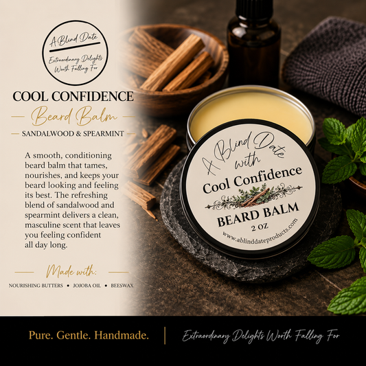 Cool Confidence Beard Balm by A Blind Date, handcrafted with nourishing butters, jojoba oil and beeswax, scented with sandalwood and spearmint