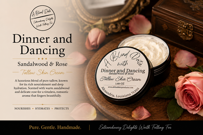 A jar of 'A Blind Date With' Sandalwood & Rose Tallow Skin Cream is displayed on a wooden surface surrounded by pink rose petals and a rose, next to a descriptive text graphic on a warm beige background.