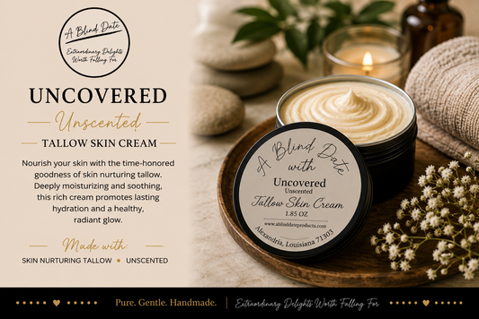 An open round tin of tallow skin cream sits on a wooden tray beside a branded lid, with a lit candle, burlap cloth, and small white flowers in a styled setting. Text on the left reads 'Uncovered Unscented Tallow Skin Cream' and shows the brand A Blind Date With Wild Things For Fall.