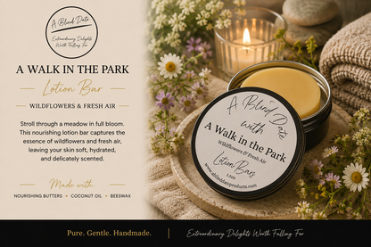 A round tin of A Blend Daze Lotion Bar labeled 'A Walk in the Park' with wildflowers and a lit candle in a cozy styled setting.