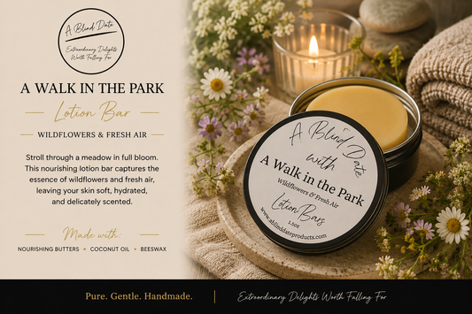 A round tin of A Blend Daze Lotion Bar labeled 'A Walk in the Park' with wildflowers and a lit candle in a cozy styled setting.