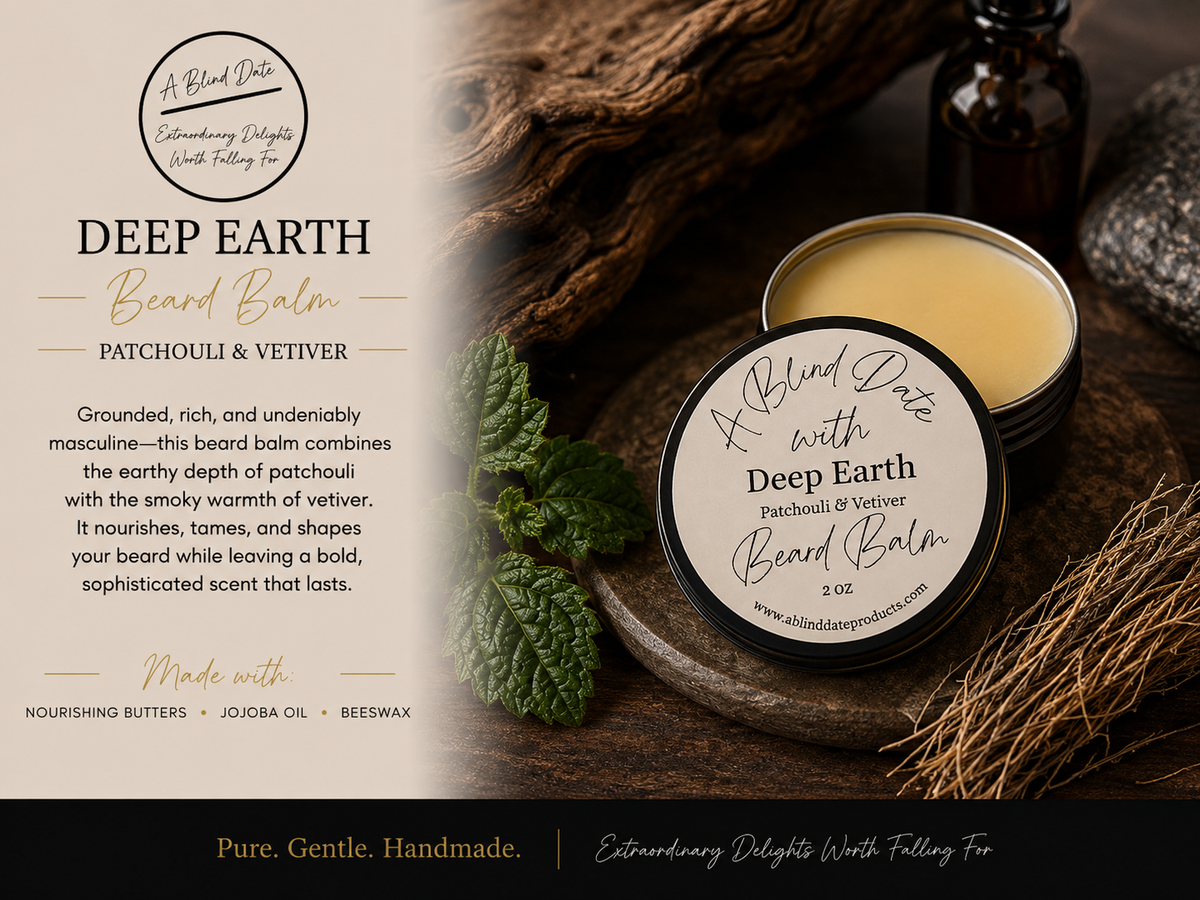 A 2 oz open round tin of Deep Earth Beard Balm sits on a rustic wooden surface next to a mint leaf and dried grass, with a dark amber bottle in the background. The left side features a text panel describing the product as patchouli and vetiver, with a circular logo reading 'A Blind Date With Deep Earth'.