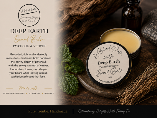 A 2 oz open round tin of Deep Earth Beard Balm sits on a rustic wooden surface next to a mint leaf and dried grass, with a dark amber bottle in the background. The left side features a text panel describing the product as patchouli and vetiver, with a circular logo reading 'A Blind Date With Deep Earth'.