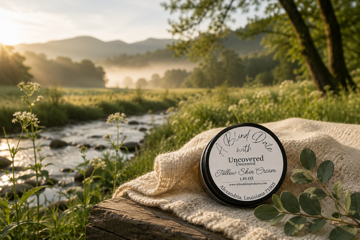 A round tin of Uncovered Pillory Willow Skin Cream sits on a rustic wooden log draped with a cream-colored textured blanket, set against a beautiful outdoor background of a misty mountain stream at sunrise.