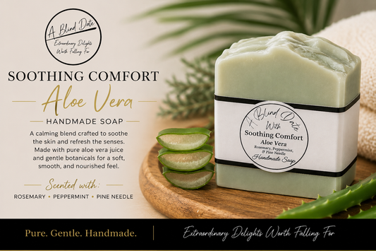 Handmade Aloe Vera soap bar in a square container with a white label, displayed on a wooden board with sliced aloe vera leaves and green aloe stalks. The left side features product text on a beige background with a blurred tropical setting.
