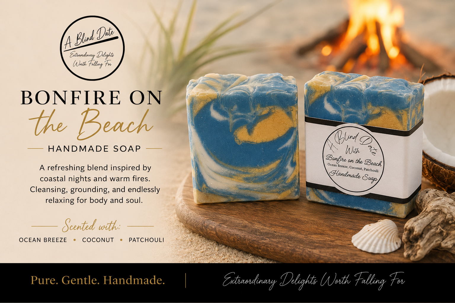 Two handmade soap bars with blue, white, and yellow swirls displayed on a wooden board with a seashell and a blurred campfire in the background. The left side features text branding for 'A Blend of Love' and the product name 'Bonfire on the Beach Handmade Soap'.