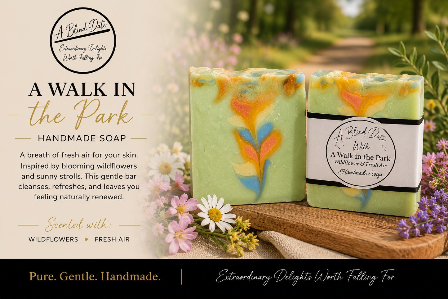 Two handmade soap bars with green, orange, and blue marbled swirls, displayed on a wooden board with wildflowers. One soap bar has a white paper label that reads 'A Walk in the Park Handmade Soap'.