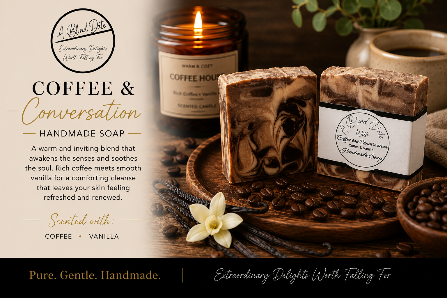 Handmade coffee and vanilla scented soap bars displayed on a wooden tray with coffee beans, a lit candle, and a vanilla flower. The soaps have a swirled brown and cream pattern, with one bar in a white paper band labeled 'A Blend of Delicious Handmade Soap'.