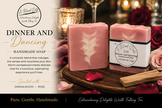 Two pink handmade soap bars on a wooden board with rose petals and red roses, alongside product text on a cream background. The soap is labeled 'Dinner and Dancing Handmade Soap' by A Blend of Dates.