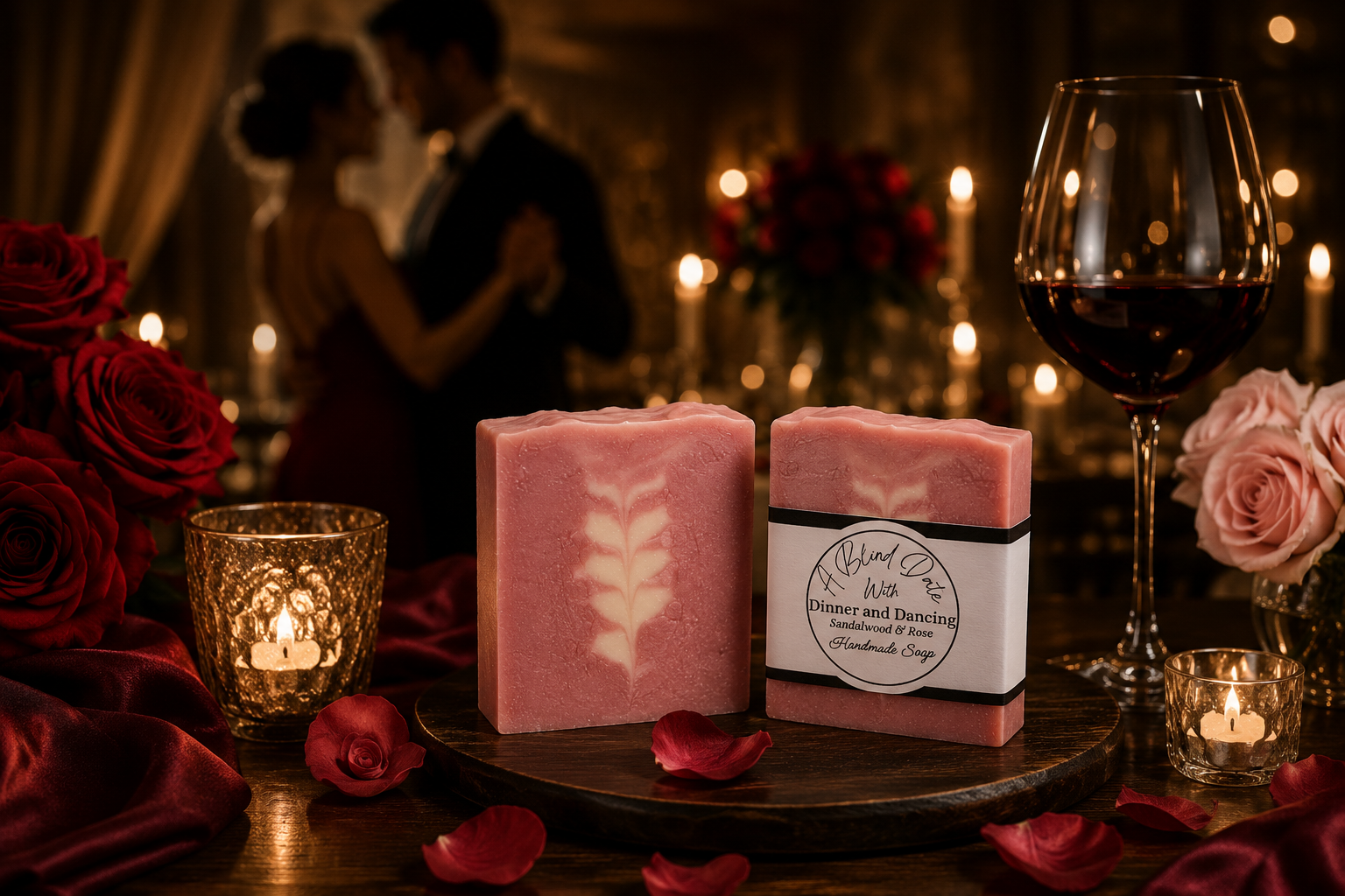 Two pink handmade soap bars displayed on a dark wooden tray, surrounded by red roses, rose petals, a glass of red wine, and lit candles in a romantic, warmly lit setting with a blurred couple in the background.